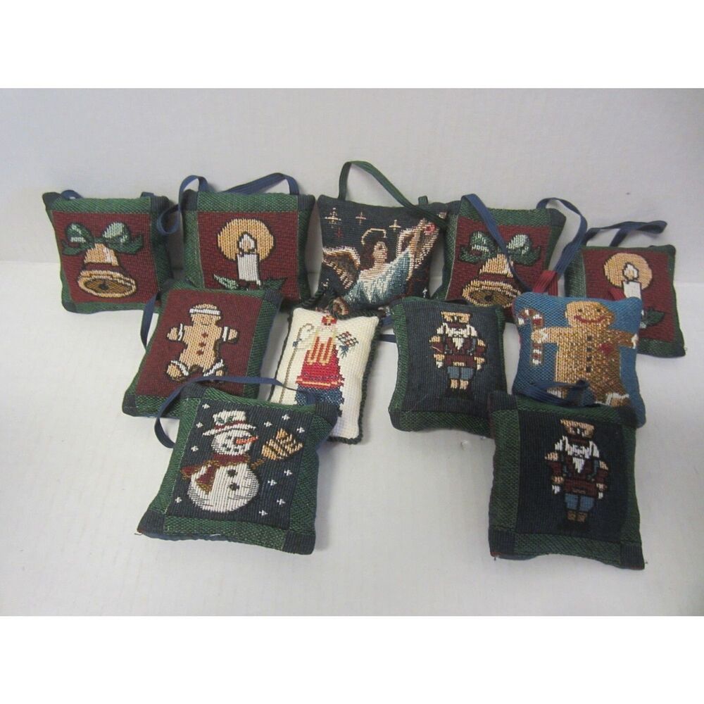 HANDMADE SET OF 11 NEEDLEPOINT CHRISTMAS ORNAMENTS RIBBON HANGER
